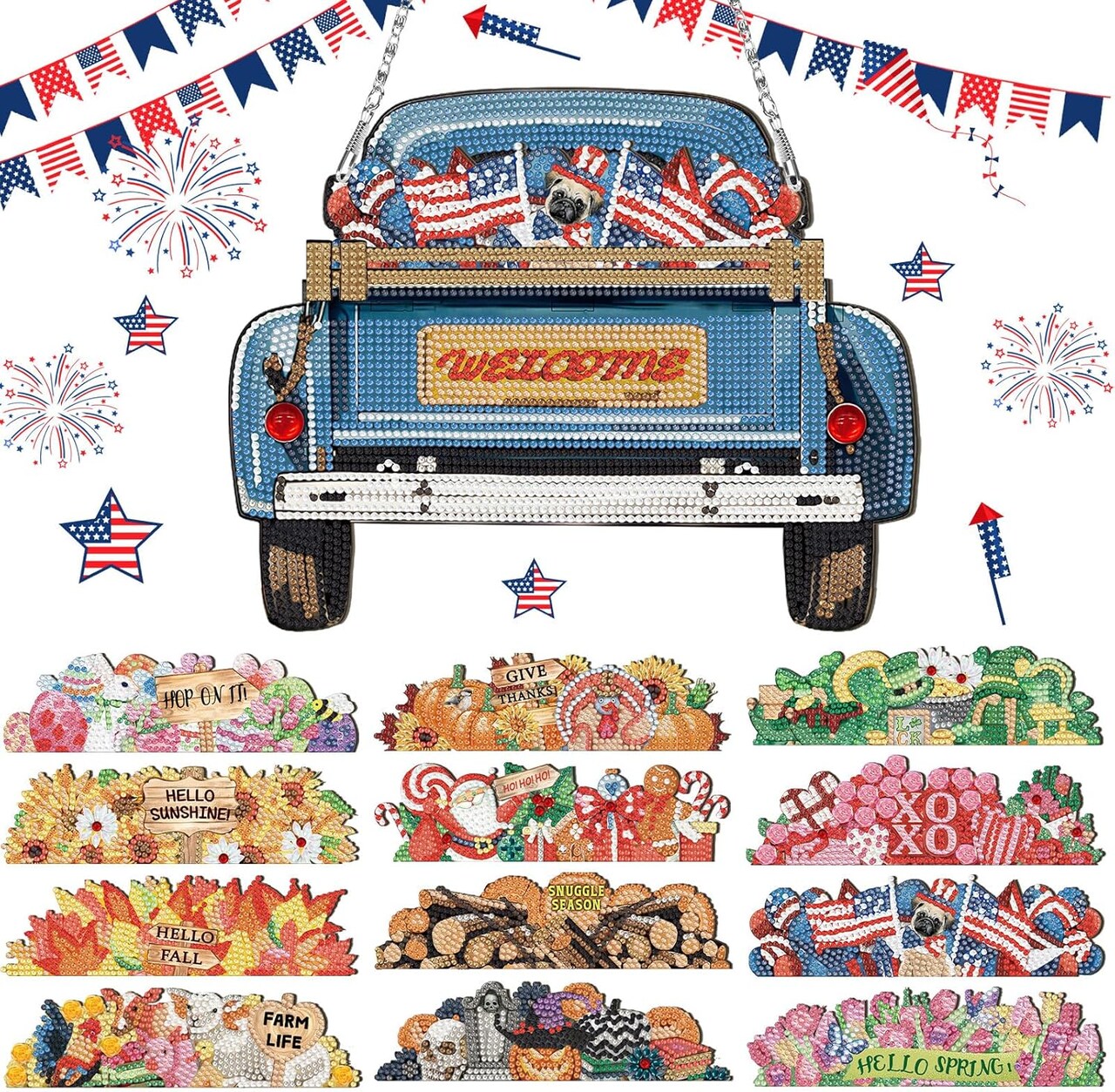 13 Pcs Interchangeable Diamond Art 4th of July Front Door Seasonal Truck DIY Craft Decor for Independence Day Summer